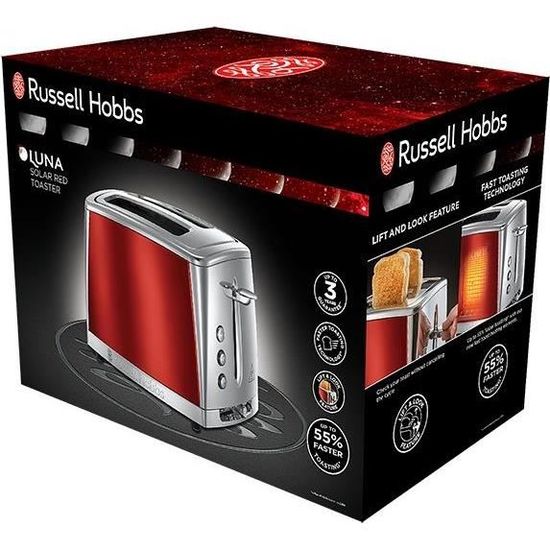 Rouge 23250-56 Toaster Spécial Baguette Luna Technologie Cuisson Rapide Russell Hobbs Grille-Pain Chauffe Viennoiserie Inclus