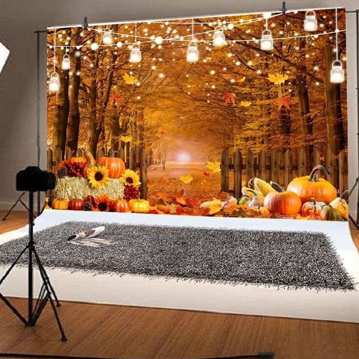 Toile De Fond Avezano Thème Automne Rustique - Grange, Citrouilles, Arbres - 2,1 X 1,5 M - En Coton Lavable - Pour Photobooth Et Décoration De Fête
