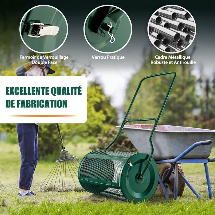 Wiltec Rouleau Épandeur Compost 1100x640x400 Mm - 75L Acier Revêtu Poignée T Pour Pelouse Et Jardin