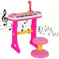 COSTWAY Piano pour Enfants de 3+ Ans avec 31 Touches,Tabouret,Microphone, Effets Lumineux, 8 Tonalités,7 Rythmes, 45x23x45cm, Rose