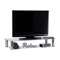 Relaxdays TV-Tisch Glas, verchromte Metallbeine, Bildschirmerhöhung, rechteckig, Glasaufsatz, 100x35x17 cm, weiß/silber