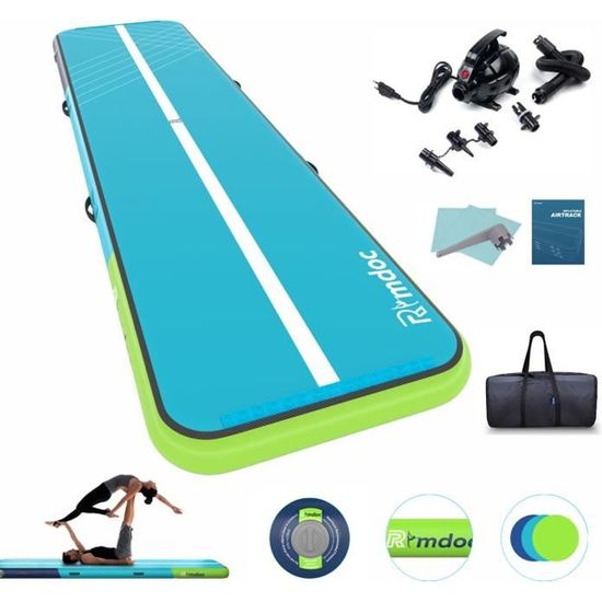 Tapis Gonflable Gymnastique 5x1m - 10cm Épaisseur - Vert - Pompe Incluse - Yoga/Taekwondo