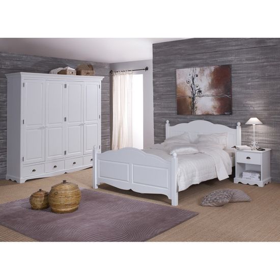 Chambre Complète Blanche Style Anglais Lit 140 cm Armoire et Chevet - L 149 x l 198 x H 100 cm