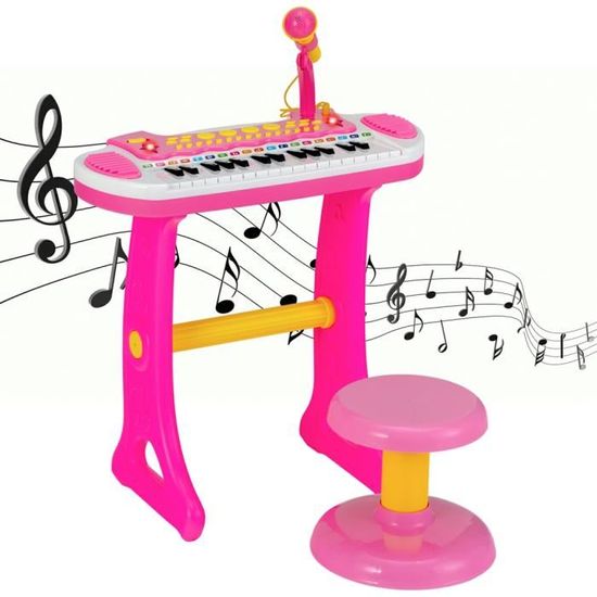 Piano pour Enfants de 3+ Ans avec 31 Touches Tabouret Microphone Effets  Lumineux 8 Tonalités 7 Rythmes 45x23x45cm Rose - Costway