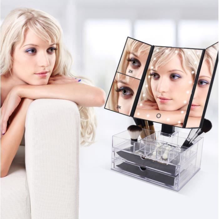 Miroir Maquillage Lumineux LED Rechargeable Triple de Pliable Grossissement