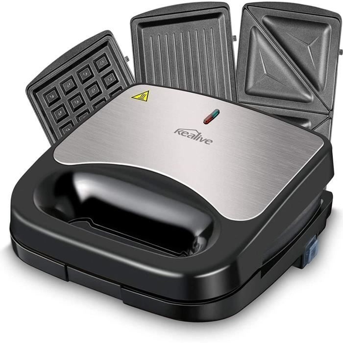 Appareil à Croque Monsieur 3 en 1, Kealive Machine à Sandwich, Grill, Gaufrier, 6 Plaques Antiadhésives et Amovibles, 800W Presse à