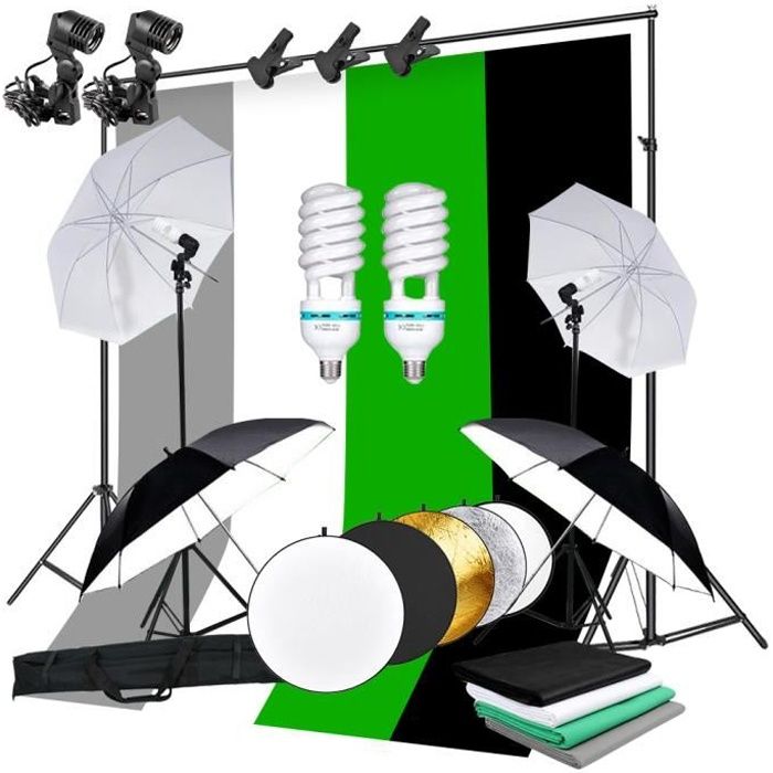 Kit d'éclairage de parapluie souple de studio de photographie 2 * 3m cadre de fond 135W ampoule 4 tissu de fond
