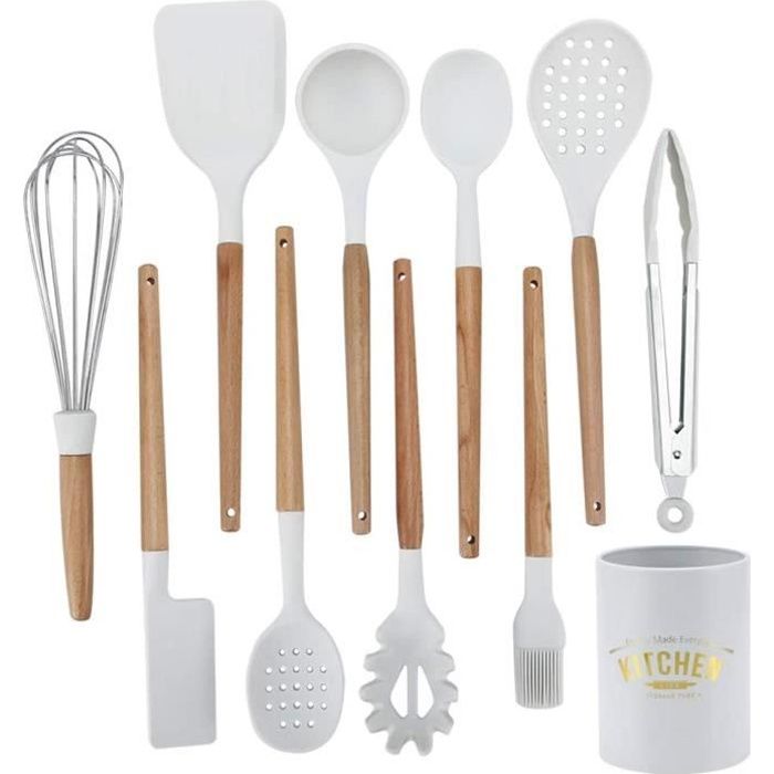 Set 10pcs ustensiles de cuisine blanc en silicone et bois avec Boîte de rangement Coffret