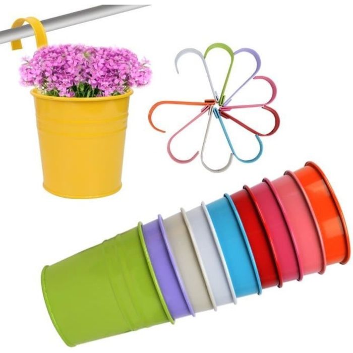 10pcs Pots de Fleurs Suspendu Colorés en Métal Pot de fleur avec Accroche Amovible Décoration Jardin Maison Balcon
