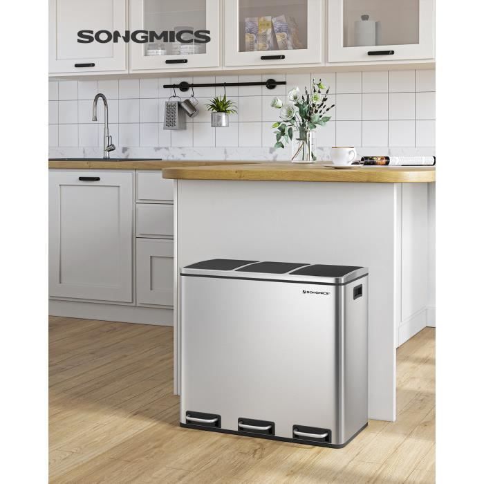 SONGMICS Poubelle de Recyclage, Poubelle Triple Seau, 3 x 18L, 3 Compartiments, Mécanisme Tampon, Poignée de Transport, LTB54NL