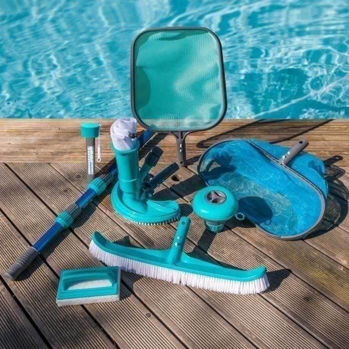 SPOOL Kit d'entretien de piscine 8 accessoires : manche, brosse ligne d'eau, épuisette, thermomètre,