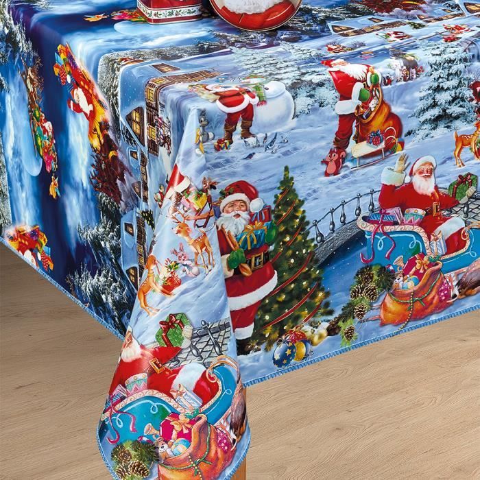 Nappe Toile Cirée de Noël – Blanche Neige Bleu 140 x 250 CM – Nappe Noël Festive Décoration – Imperméable Rectangulaire 140 x 250 cm