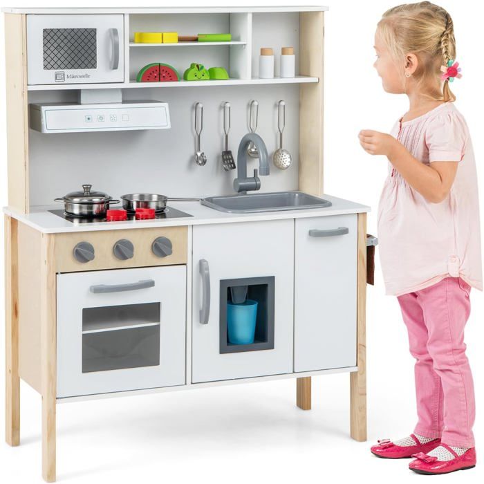 GOPLUS Cuisine en Bois Enfant avec Effet Sonore, Jouet de Cuisine Enfantavec Tableau Noir et 6 Compartiments de Rangement, Télephone, Accessoires