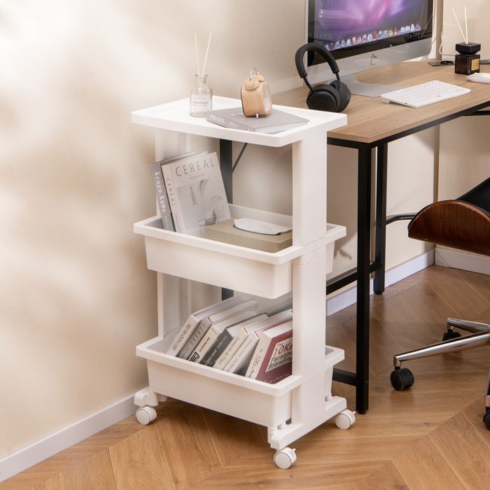 COSTWAY Etagère de Rangement à 3 Niveaux Roulettes Verrouillables Chariot de Service Rangement pour Cuisine Bureau Chambre Blanc