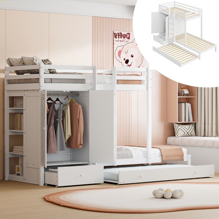 Lit superposé 90x200cm - Blanc - Lit enfant - Avec lit gigogne - Armoire intégrée - Tiroirs de rangement Lit superposé 90x200cm - Blanc - Lit enfant - Avec lit gigogne - Armoire intégrée - Tiroirs de rangement