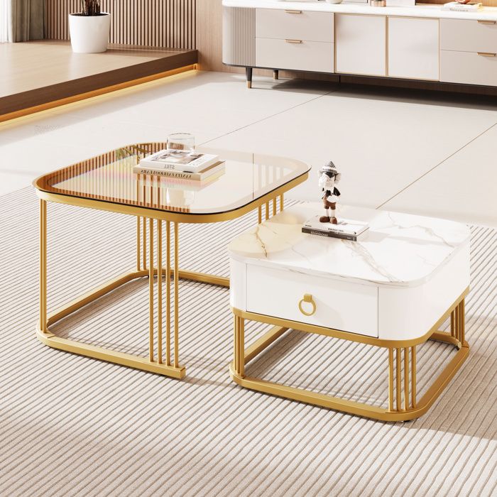 Tables basses gigognes Lot de 2 en verre avec 1 tiroir de rangement Décor doré Table dappoint salon 60x60x42.5+55.5x50x33.5cm