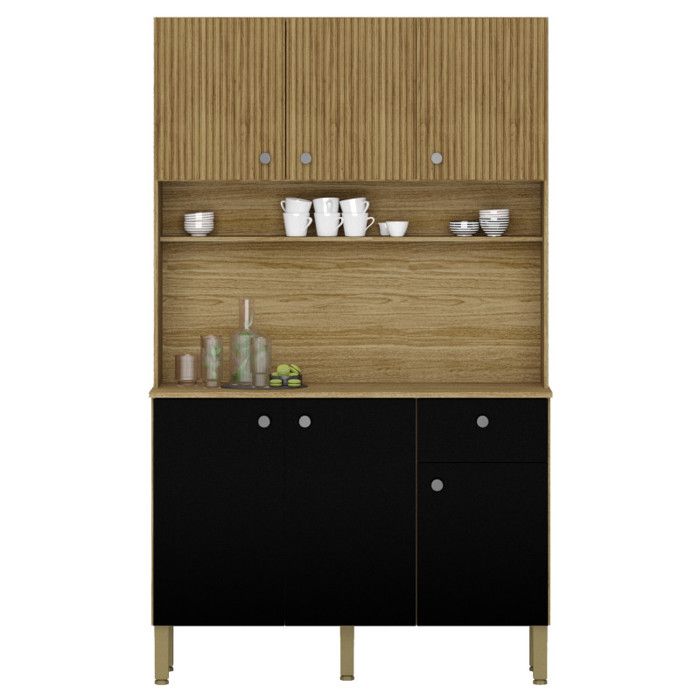Buffet de Cuisine 6 Portes 1 Tiroir Chêne et Noir 7 Niches L 111 H 185 P 39.3 cm - L 111 x l 39.3 x H 185 cm Buffet de Cuisine 6 Portes 1 Tiroir Chêne et Noir 7 Niches L 111 H 185 P 39.3 cm - L 111 x l 39.3 x H 185 cm