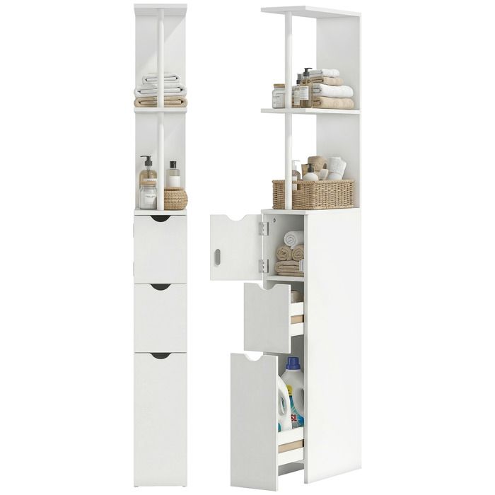 Meuble colonne salle de bain - HOMCOM - avec tiroirs étagères ouvertes placard - 15 x 33 x 136 8 cm - en bois - blanc Meuble colonne salle de bain - HOMCOM - avec tiroirs étagères ouvertes placard - 15 x 33 x 136 8 cm - en bois - blanc