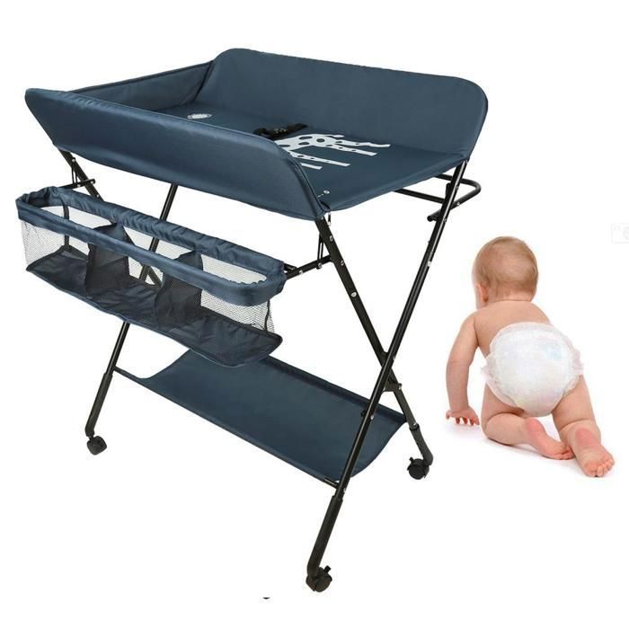 MIPAN.Table à Langer Pliable et Portable-Avec roulettes et Panier-  Hauteur Réglable-Cadre Métallique+Tissu Oxford-Bleu foncé