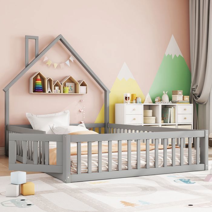 Lit cabane enfant 140 x 190 cm - Lit avec sommier à lattes - Bois massif - gris (sans matelas)