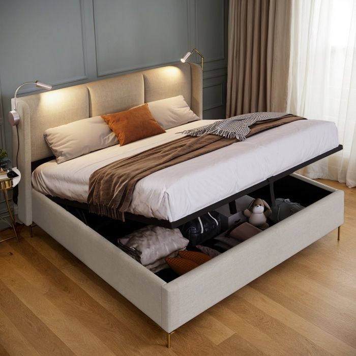 Lit Coffre Double 160x200cm Tissu Capitonnée avec Sommier à Lattes Rangement Hydraulique et Lampe LED USB Gris/Beige Max 300kg