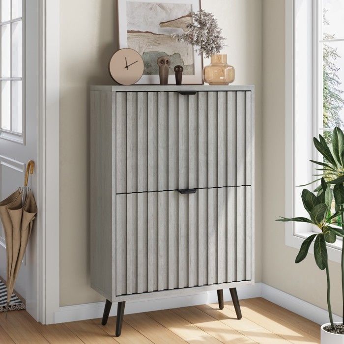 Meuble À Chaussures Gris 60 Cm 2 Tiroirs Pliants Design Rainuré Rangement Discret Pour Entrée&Couloir&Salon Autonome Et