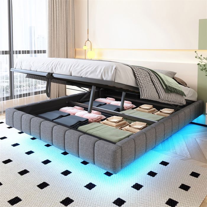 Lit coffre - 160x200 cm - Rangement hydraulique - Éclairage LED réglable - Sommier inclus