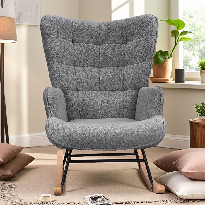 Fauteuil à bascule allaitement - Gris - Tissu Velours Teddy - Design contemporain - 1 place - MEUBLES