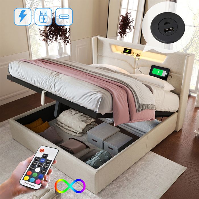 Lit rembourré 160 x 200 cm beige en lin avec LED & USB Type-C sommier à lattes et coffre (sans matelas)