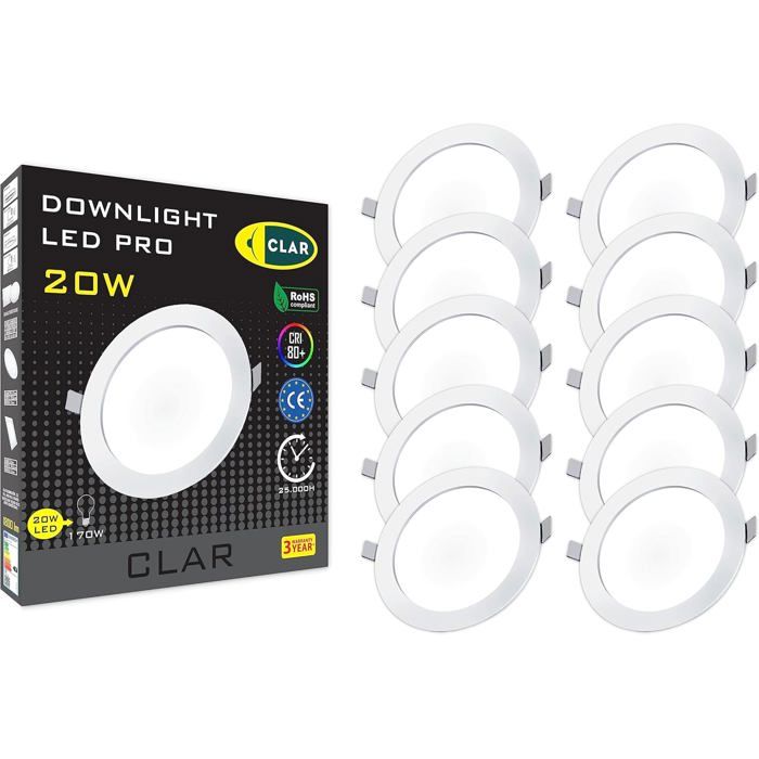 Lot de 10 Spots LED encastrables CLAR 20W 1800 lm Blanc mat Ø225 mm - Downlight plafond