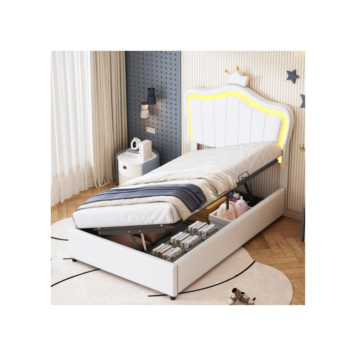 Lit enfant capitonné 90 x 200cm avec éclairage LED sommier coffre hydraulique couronne tête de lit réglable en hauteur