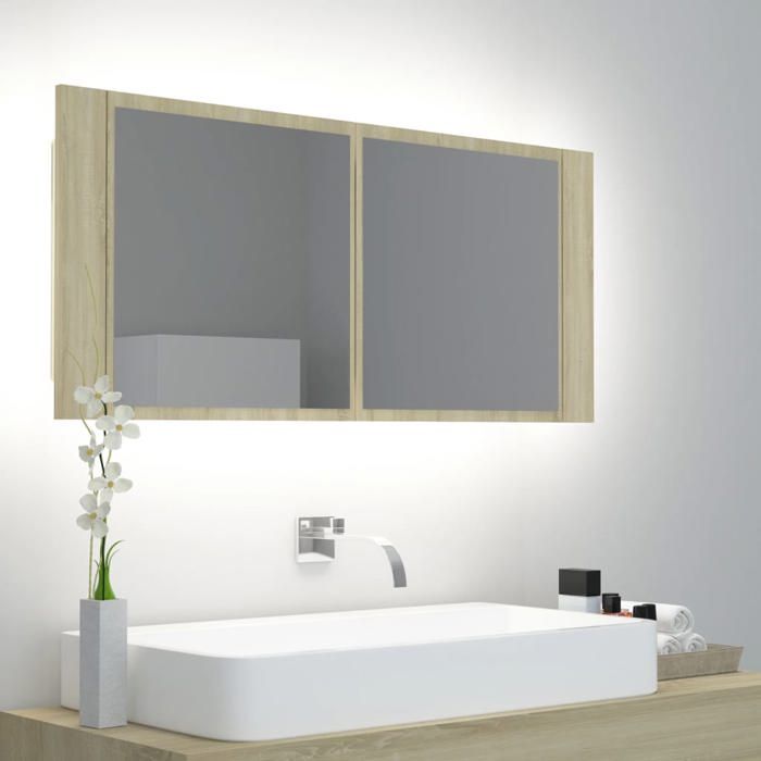 Armoire à miroir à LED de bain - VIDAXL - Chêne sonoma - 100x12x45 cm - Acrylique - Lumière RVB - Étagères de rangement