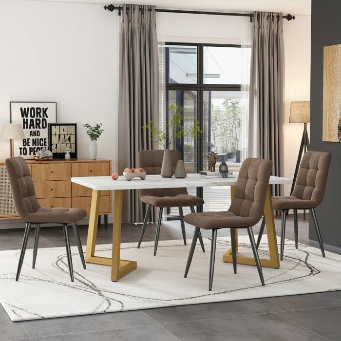 Table à Manger avec 4 chaises Set Table et Chaise Cuisine Salon Moderne chaises en velours marron pieds de table dorés