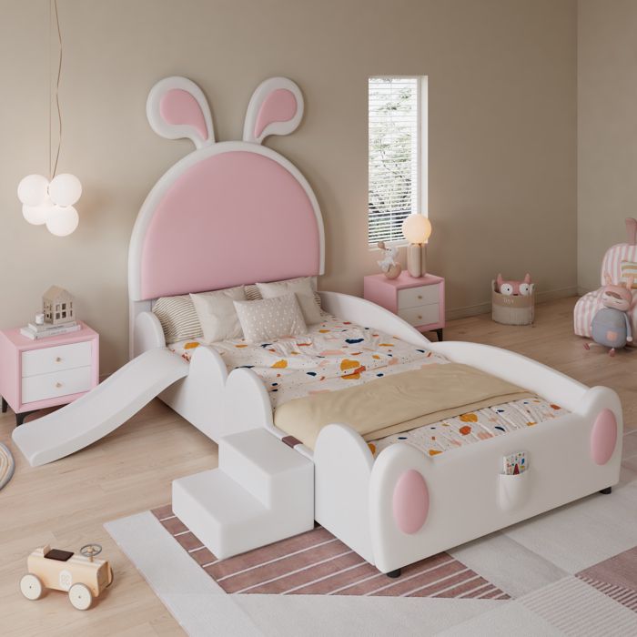 Lit rembourré lit simple Avec petit escalier et toboggan pour enfants tête de lit avec oreilles de lapin lit pour enfants avec