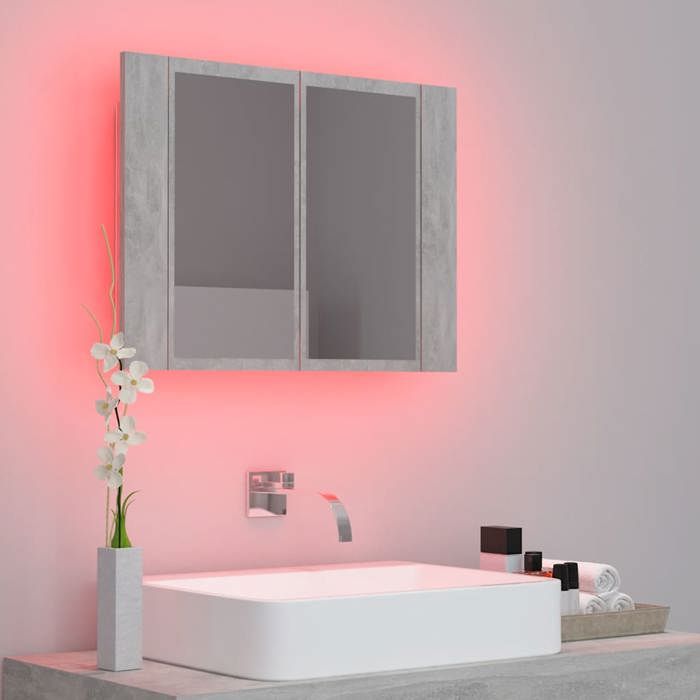 Armoire de salle de bain à miroir LED - WIENS - Gris béton - 60x12x45 cm - Lumière RVB - Bois dingénierie - Acrylique