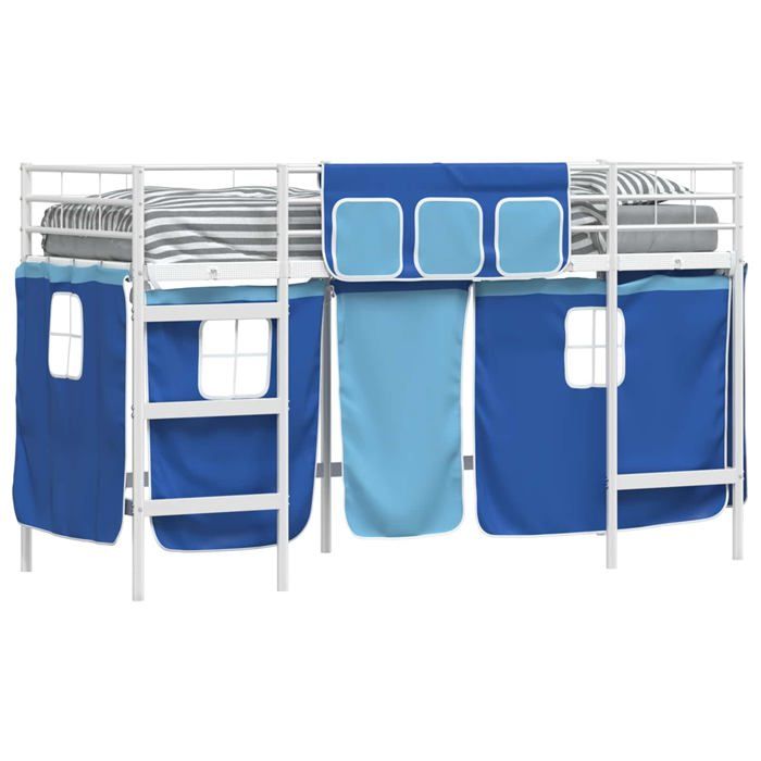 Lit mezzanine pour enfants - vidaXL - Rideaux Blanc et Bleu - Cadre en métal - 90x190 cm - Respirant - Assemblage simple