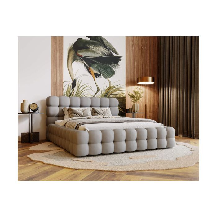 Cadre de lit avec coffre CARLY en velours - Gris clair - Dimensions du couchage : 160 x 200 cm