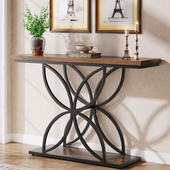 Table Console IndustrielleLittle Tree120×30×83 cmTable dappoint avec Pied Papillon en Métal UniqueMarron Rustique et Noir
