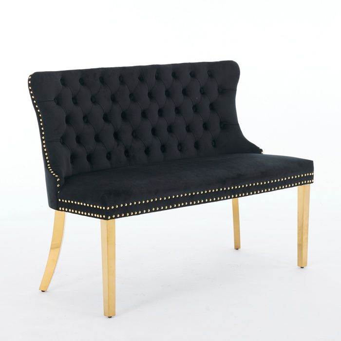 Chaise de Salle à Manger Banquette 2 Places en velours Banc Style Moderne Pieds en Acier Plaqué Or Noir