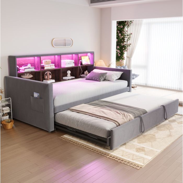 Lit banquette gigogne 90/180x190 cm . tête de lit avec rangements. LED et prises (secteur/USB/Type‑C).velours gris foncé