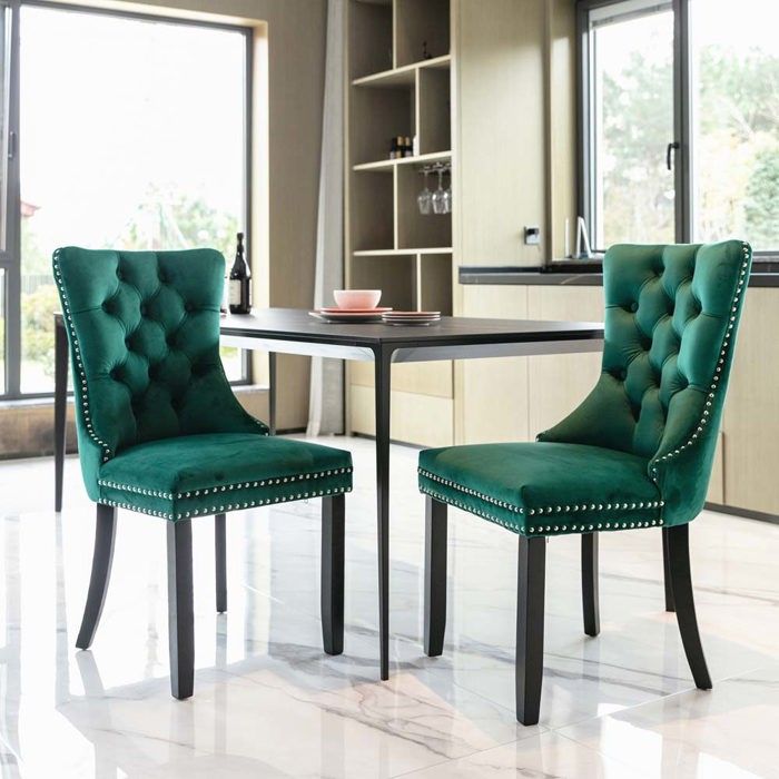 Ensemble chaises salle à manger - Dossier à ailes - Velours vert - Pieds bois massif réglables - Lot de 2