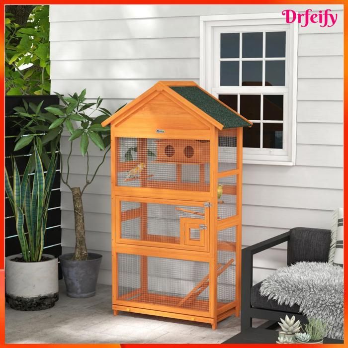 Cage à oiseaux sur pied - AKOZON - 9350 - Bois/structure acier - Toit asphalte imperméable - 92×52×171 cm