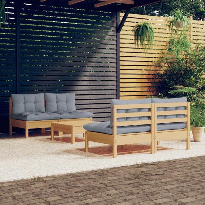 NEW 2026 Salon de jardin lot de 5 Meuble pour 4 personnes avec coussins gris bois de pin 63.5x63.5x62.5 cm S1232