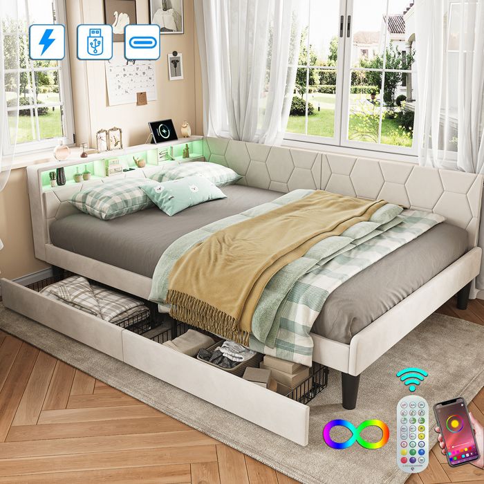 Lit gigogne 140 x 200 cm -LUMINARIX- Canapé lit Avec 2 tiroirs lumière LED et port USB tissu de velours - beige