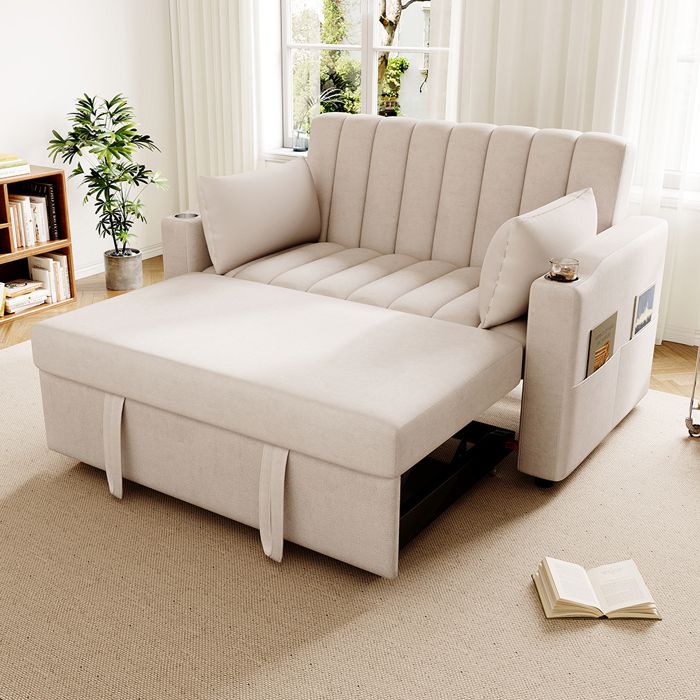 Canapé-lit convertible multifonction - MINIMAL - Moderne - Dossier 3 positions - Porte-gobelets & poches - Beige 2 places