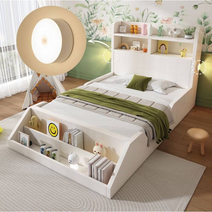 Lit enfant 90x200 cm avec veilleuses magnétiques étagères et bibliothèque amovible sommier à lattes bois blanc