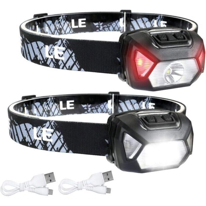 Lampe frontale LED rechargeable - PZCC - Lot de 2 - 300 lumens - Lumière blanche et rouge - 6 modes déclairage