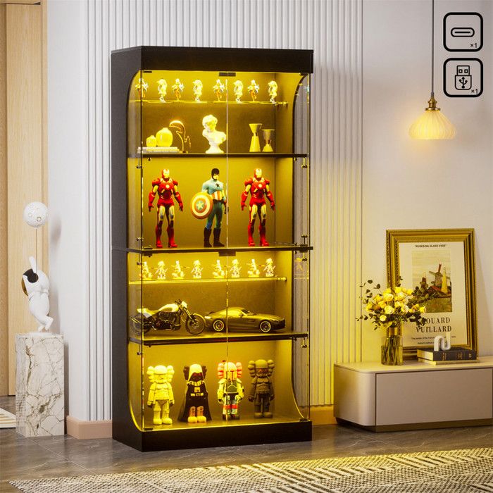 Vitrine Salon avec LED USB C/A Colonne de Rangement Noire 4 Portes Push-to-Open 3 Étagères Collection Figurines 165 cm Chambre