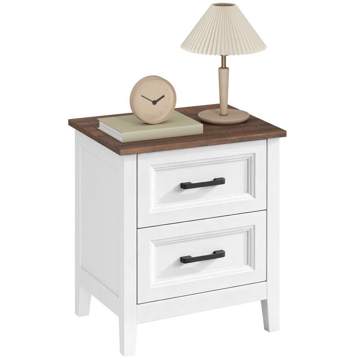 Table de chevet - HOMCOM - style rustique - avec deux tiroirs - plateau effet bois - MDF - 40x30x50cm - blanc