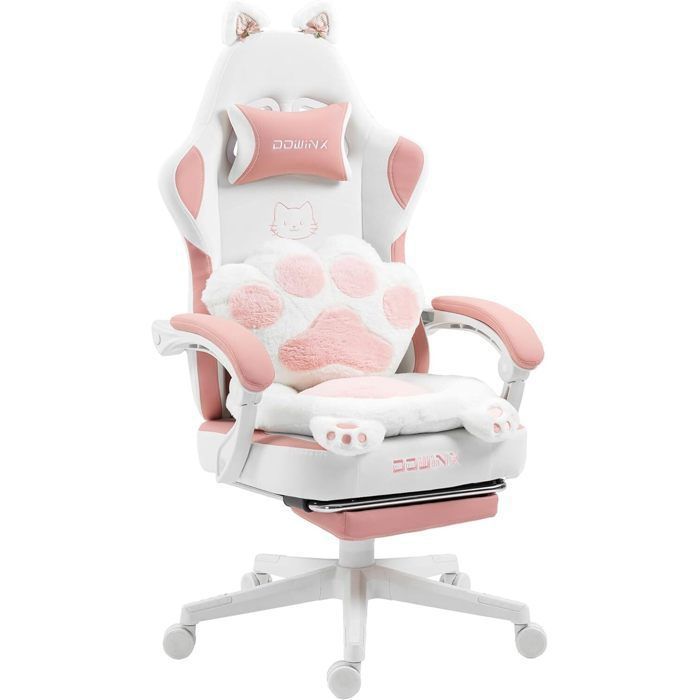 Fauteuil gaming WELLTIN ergonomique chaise bureau repose-pieds inclinable 90-145° coussin chat doux accoudoirs réglables rose blanc